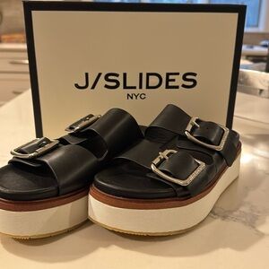 J slides platform. Black leather.